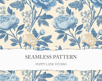 blue floral toile seamless pattern, blue flower background, romantic floral toile de jouy, seamless floral chinoiserie vintage floral fabric