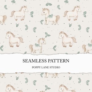 May include: A seamless pattern featuring cartoon horses with light brown manes and tails, adorned with blue bows. The horses are set against a light beige background with scattered green leaves and small dots. The text "SEAMLESS PATTERN" and "POPPY LANE STUDIO" are displayed.