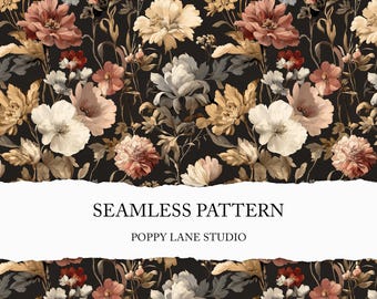 Puede incluir: Un patrón floral sin costuras con un fondo oscuro, que presenta flores crema, melocotón y doradas. El texto "SEAMLESS PATTERN" y "POPPY LANE STUDIO" se muestra en una pancarta blanca.