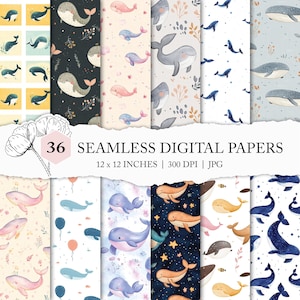 seamless whale pattern bundle, cute whale background, kids seamless, baby whale digital paper, whale seamless pattern, whale printable paper