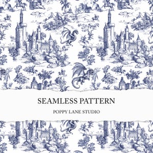Pode incluir: Um padrão sem costura que apresenta um design toile azul e branco com castelos, dragões e cavaleiros. O padrão é repetido em toda a imagem. O texto "Seamless Pattern" e "Poppy Lane Studio" está na parte inferior da imagem.
