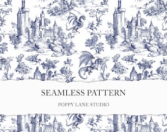 dragon toile de jouy, dragon slayer seamless, medieval background, knight fighting dragon, dragon seamless pattern, medieval castle toile