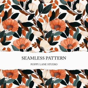 autumn floral background, watercolour flower paper, orange flower seamless pattern, fall seamless, red brown fall floral custom fabric, JPEG