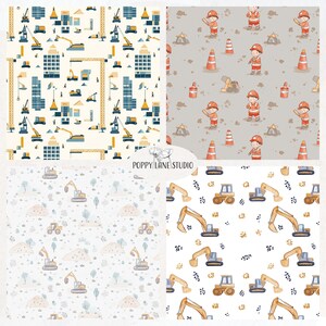 May include: Four digital paper patterns featuring construction workers, construction vehicles, and construction equipment. The patterns are in shades of yellow, blue, grey, and white.