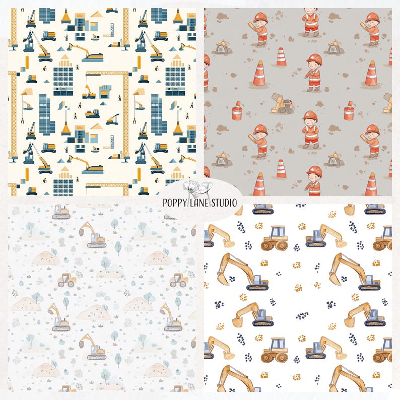 May include: Four digital paper patterns featuring construction workers, construction vehicles, and construction equipment. The patterns are in shades of yellow, blue, grey, and white.