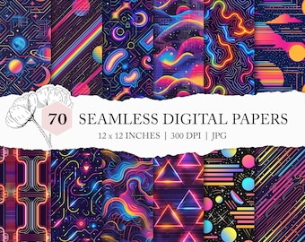 80s neon pattern, 1980s digital paper pack, neon light printable paper, Synthwave, retro digital file, 80s electro pop background, Retrowave