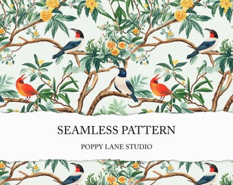 tropical bird background, seamless chinoiserie pattern, tropical chinoiserie seamless, preppy nature pattern, exotic bird seamless fabric
