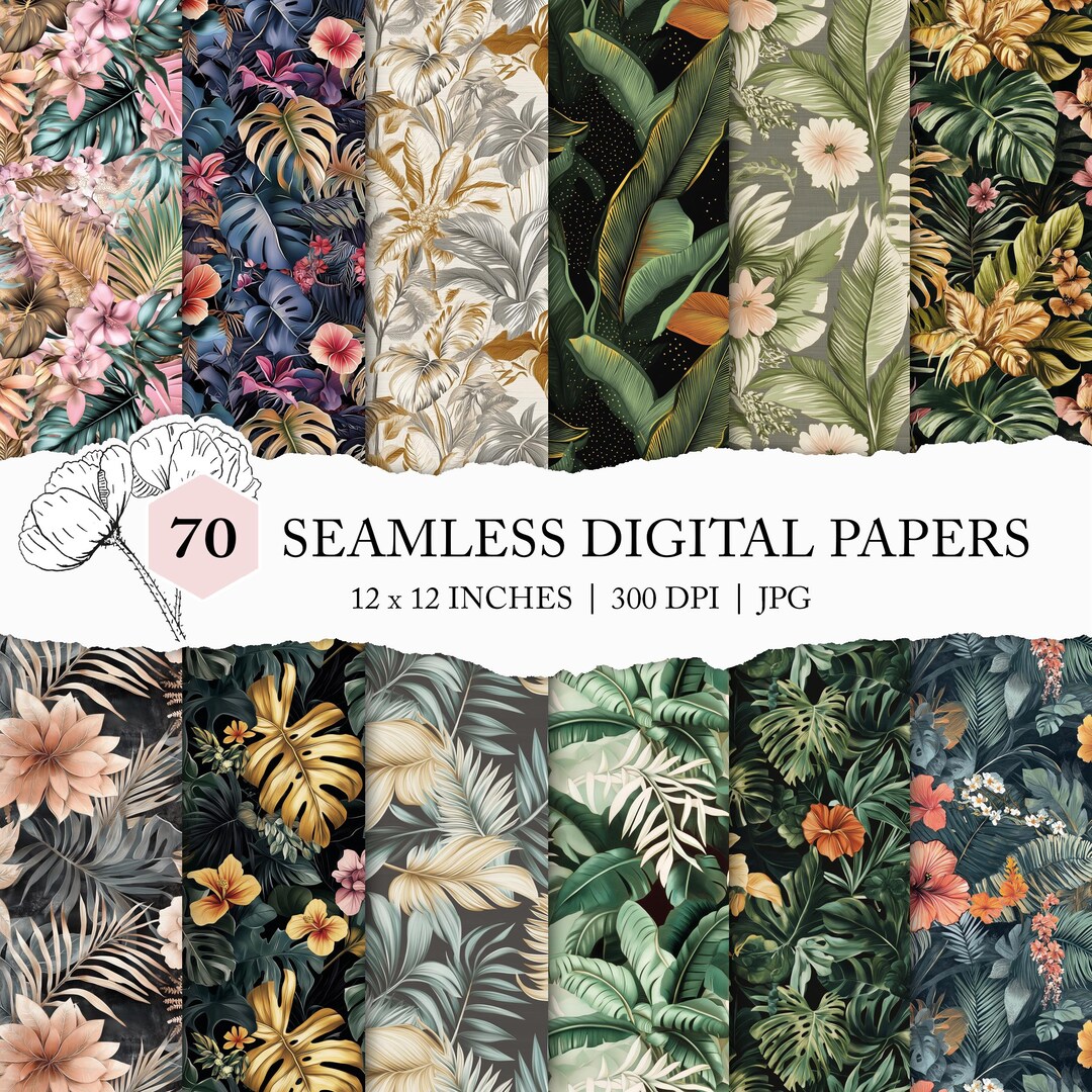 Assorted Jungle Leaf Seamless Pattern, Tropical Leaves Digital Paper ...