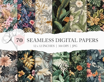 assorted jungle leaf seamless pattern, tropical leaves digital paper, seamless leaf background, printable craft paper, rainforest botanicals