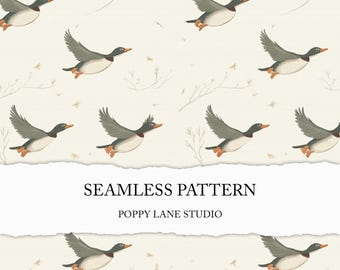 mallard duck seamless pattern, cute duck background, flying duck fabric pattern, digital paper, bird scrapbook paper, autumn seamless file