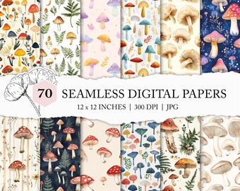 mushroom background, seamless mushroom pattern, forest mushroom digital paper, watercolor mushroom scrapbook paper, repeat botanical pattern