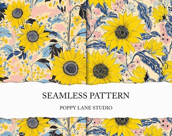 yellow sunflower seamless background, seamless sunflower pattern, vintage sunflower design, seamless retro floral pattern, commercial use