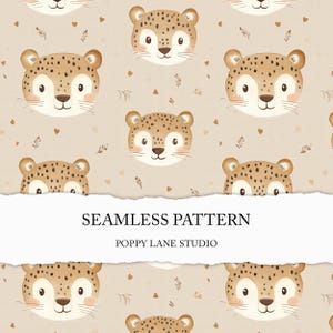Peut inclure: Un motif sans couture représentant de jolis visages de léopards de dessin animé avec des taches brunes sur un fond beige. Le motif est accentué par de petits cœurs et des feuilles marrons.