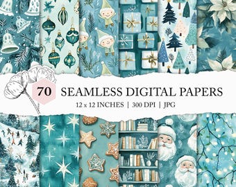 teal boho Christmas seamless pattern, blue Christmas digital paper, boho Christmas paper, turquoise Christmas background, Xmas pattern pack
