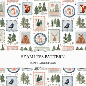 Könnte beinhalten: Ein nahtloses Muster mit Briefmarken-Designs, die Waldtiere und Bäume zeigen. Die Briefmarken zeigen Füchse, Vögel, Bären und Hirsche, vor einem weißen Hintergrund. Der Text "SEAMLESS PATTERN" und "POPPY LANE STUDIO" ist ebenfalls sichtbar.
