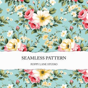 May include: A seamless pattern featuring pink and white flowers with green leaves on a light blue background. The text "Seamless Pattern" and "Poppy Lane Studio" is displayed on a white banner.