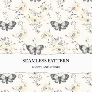 shabby chic moth seamless pattern, floral moth background, vintage butterfly printable fabric design, cottagecore moth, butterfly seamless