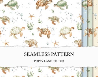 cute watercolour seamless turtle pattern, sea turtle seamless background, seamless turtle pattern, digital turtle background, printable file