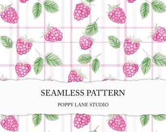 pink raspberry seamless file, summer fruit pattern, plaid raspberry background, seamless berry print, watercolour food design, digital file