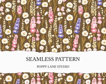 seamless flower meadow pattern, pink purple floral background, brown wildflower digital pattern, fall floral seamless pattern, boho floral