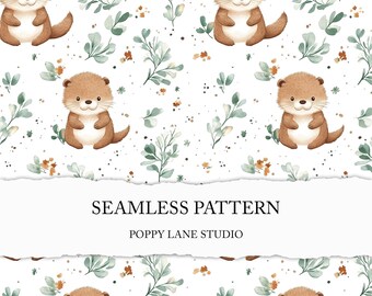 cute baby otter pattern, watercolour otter background, seamless otter pattern, baby otter scrapbook paper, adorable otter digital background