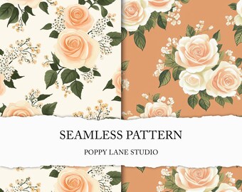 seamless orange rose pattern, orange rose scrapbook paper, romantic floral background, seamless rose file, pastel floral fabric print, JPEG