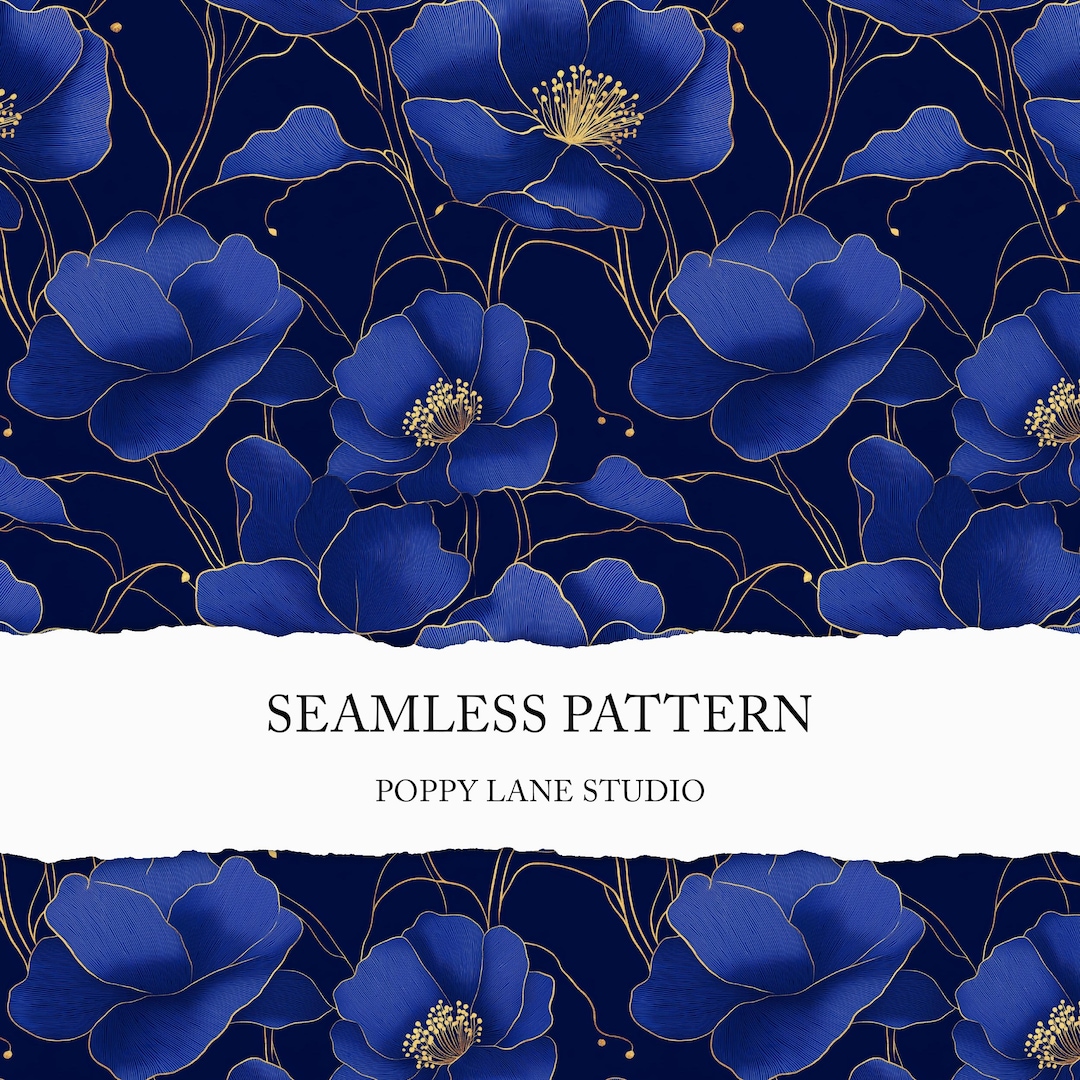 Lavish Blue Floral Pattern, Seamless Royal Blue Flower Print, Blue ...