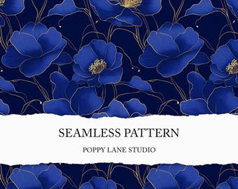 lavish blue floral pattern, seamless royal blue flower print, blue flower seamless background, blue floral JPEG, blue flower digital pattern