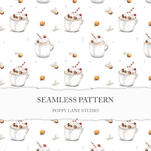 hot chocolate background, hot cocoa seamless pattern, white Christmas background, minimalist Xmas, cute mug pattern, drink seamless file