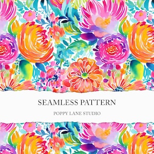 Op de afbeelding: Een naadloos patroon met heldere, kleurrijke aquarelbloemen in tinten roze, oranje, geel, blauw en groen. De bloemen zijn in een willekeurig patroon op een witte achtergrond gerangschikt. De tekst "Seamless Pattern" en "Poppy Lane Studio" wordt weergegeven op een witte banner.