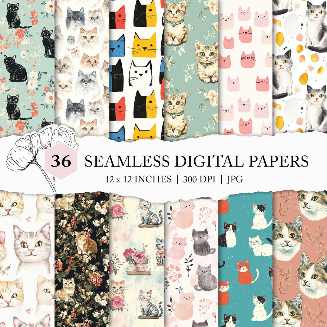 Seamless Cat Pattern, Cat Digital Paper, Cat Seamless File, Cat ...