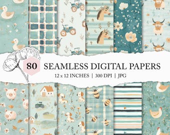 country farmhouse pattern, ranch digital paper, seamless chicken pattern, pastel colour farm animals scrapbook paper, cottage farm pattern