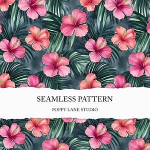 pink hibiscus seamless pattern, watercolour hibiscus background, seamless tropical flower pattern, pink floral fabric design, Hawaii textile