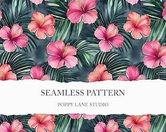 pink hibiscus seamless pattern, watercolour hibiscus background, seamless tropical flower pattern, pink floral fabric design, Hawaii textile