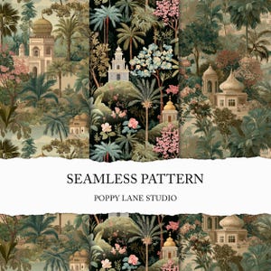 May include: A seamless pattern featuring a tropical landscape with domed buildings, palm trees, and flowering plants in shades of green, pink, and gold. The text SEAMLESS PATTERN and POPPY LANE STUDIO is centred on a white horizontal band.
