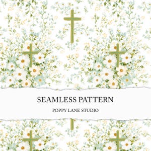 Op de afbeelding: Naadloos patroon met een bloemmotief, inclusief witte en lichtgroene bloemen, groene kruisen en bladeren. De tekst "SEAMLESS PATTERN" en "POPPY LANE STUDIO" wordt weergegeven op een witte gescheurde papieren banner.