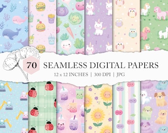 assorted kawaii background, seamless nursery pattern, cute baby digital paper, cute animal seamless pattern, pastel toddler fabric designs