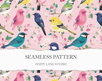 pink watercolour bird seamless file, seamless bird pattern, garden birds digital paper, cute bird background, nature print, bird scrapbook