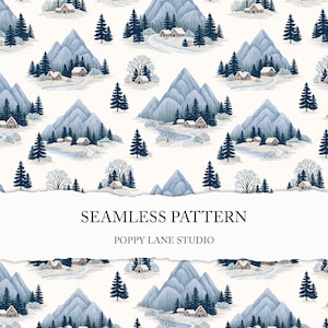 May include: A seamless pattern featuring a winter landscape with blue mountains, dark green pine trees, and small houses on a cream background. The text SEAMLESS PATTERN and POPPY LANE STUDIO is centered in a white horizontal band across the middle.