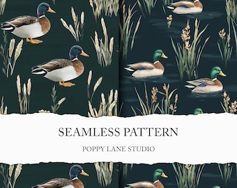 dark mallard duck seamless pattern, watercolour duck background, mallard duck digital JPG, commercial use, surface pattern combo, duck paper