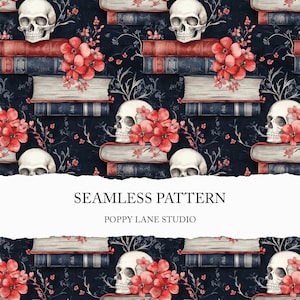 floral skull digital paper, skull background, skull seamless pattern, skull and books printable, human skull pattern, custom fabric, JPEG