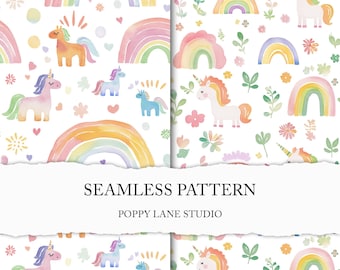 happy unicorn digital paper, cute unicorn seamless pattern, kids seamless, baby girl fabric pattern, unicorn and rainbow, unicorn background