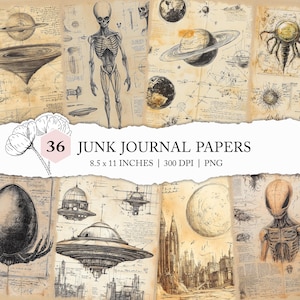 alien pencil sketches, alien junk journal, alien conspiracy digital paper, extra-terrestrial junk journal, alien scrapbook page, UFO journal