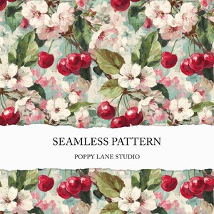 May include: Seamless pattern featuring red cherries, white blossoms, and green leaves against a light blue and pink background. The text "SEAMLESS PATTERN" and "POPPY LANE STUDIO" are displayed.