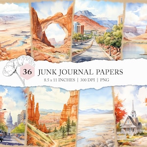 Journal de vacances dans l'Utah, papier de scrapbooking dans l'Utah, journal des déchets de l'Utah, carnet de voyage aux États-Unis, illustrations à l'aquarelle de l'Utah, paquet de papier numérique de l'Utah