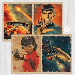 May include: Four vintage-style Star Trek art prints. One print features the Starship Enterprise firing a weapon, another shows Spock with his hand raised, and a third depicts a woman holding a phaser. The fourth print shows the Enterprise in space.