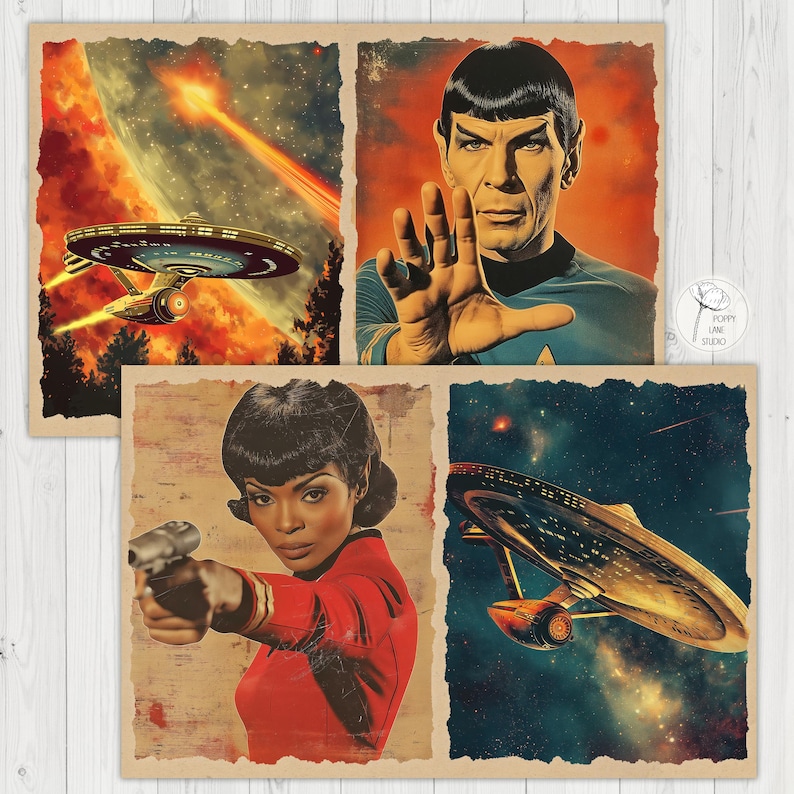 May include: Four vintage-style Star Trek art prints. One print features the Starship Enterprise firing a weapon, another shows Spock with his hand raised, and a third depicts a woman holding a phaser. The fourth print shows the Enterprise in space.