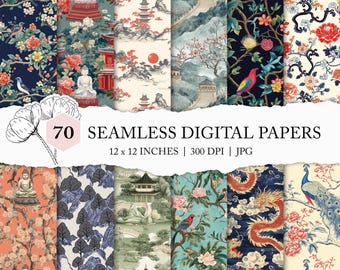 chinoiserie digital paper, vintage Asian seamless pattern, mixed Asian chinoiserie seamless printable, assorted chinoiserie background JPEG