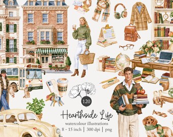 autumn living clip art, fall student illustrations, fall semester graphics, watercolour campus clipart, fall working life PNG, digital file