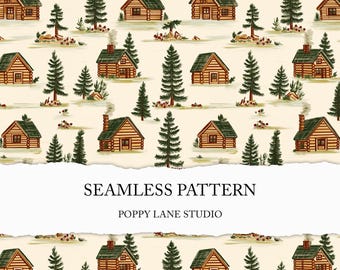 vintage log cabin pattern, seamless cabin background, cabin in the woods seamless pattern, wooden house digital paper, printable camping JPG